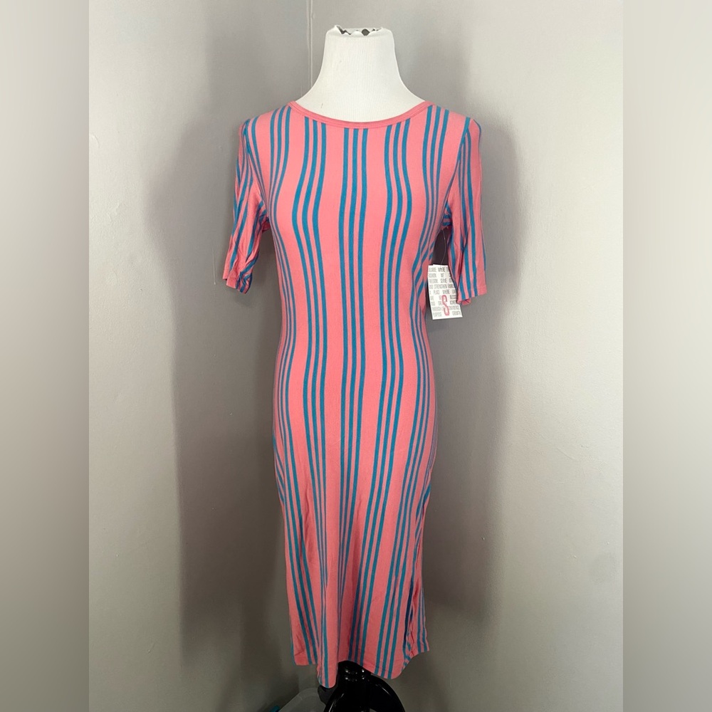 LuLaRoe Julia Dress Pink with Blue Vertical Stripes Midi Form Fittint - Picture 7 of 7